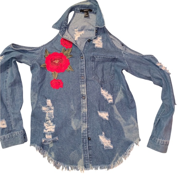 Denim Shoulder out Top with Floral Embellishment - Picture 2 of 8